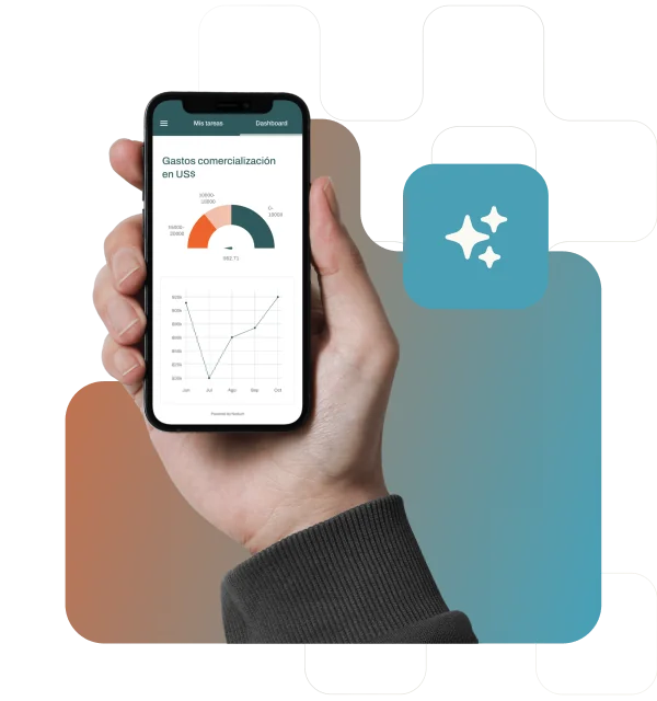 Mundo Nodum en un celular con dashboard de gastos de comercialización y gráfico de evolución mensual