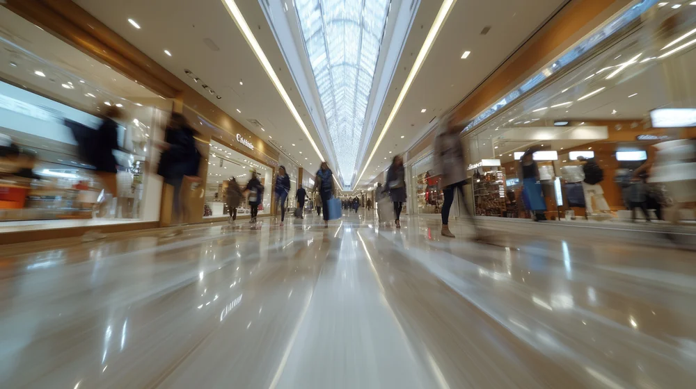 Pasillo de shopping con personas comprando, escenario de venta que ordena un ERP para indumentaria