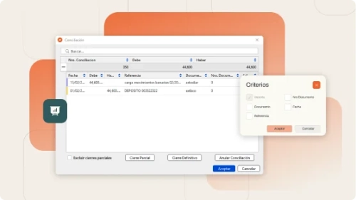 Criterios de conciliación bancaria automática configurables por importe, fecha y documento
